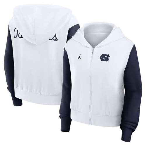 Jordan Brand White North Carolina Tar Heels Cropped Athletic Prep Color Block Script Full-zip Hoodie In White
