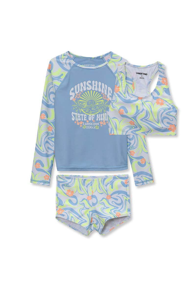 Girls Chlorine Resistant Long Sleeve Rash Guard Boyshort 3 Piece Swimsuit Set, Main, color, Blue Marble Floral