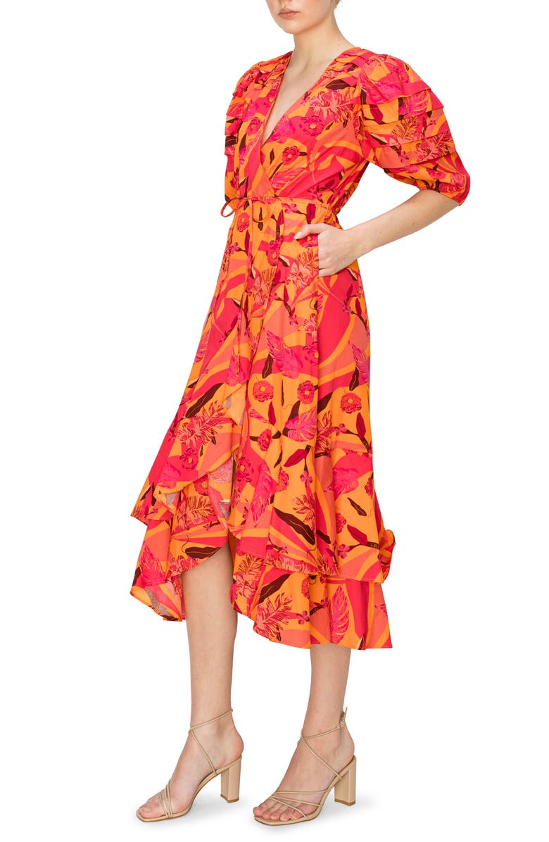 MELLODAY Poplin Floral Midi Wrap Dress, Alternate, color, Orange Multi