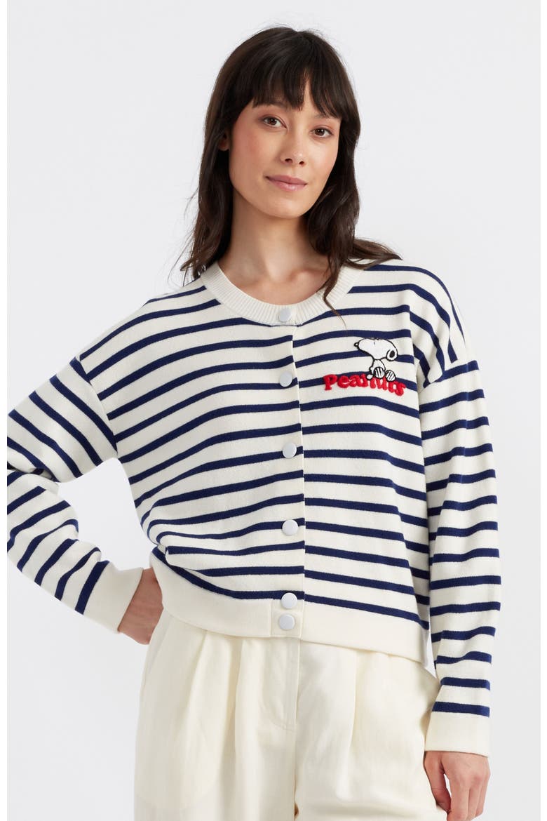 Snoopy Breton Milano Embroidered Merino Wool Cardigan, Main, color, Cream/Admiral Blue