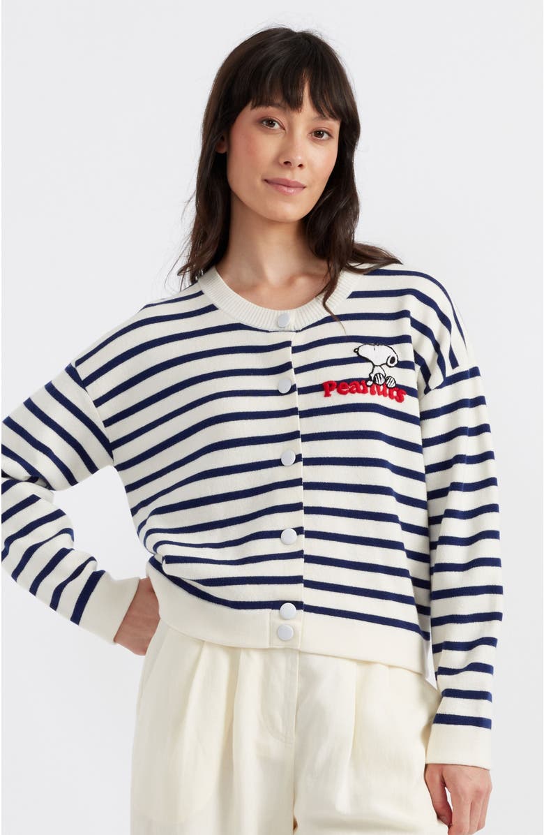 Chinti & Parker Snoopy Breton Milano Embroidered Merino Wool Cardigan, Main, color, Cream/Admiral Blue