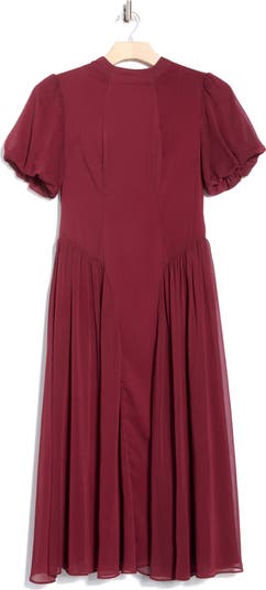 Mock Neck Puff Sleeve A-Line Midi Dress