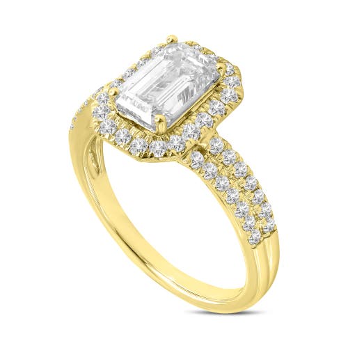 LUVMYJEWELRY LUVMYJEWELRY MARIAM 14K YELLOW GOLD EMERALD CUT LAB GROWN DIAMOND HALO ENGAGEMENT RING