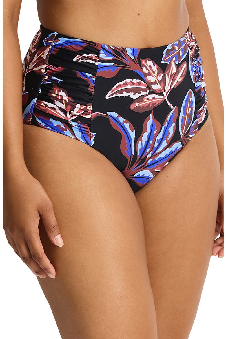 High Waist Gathered Swim Briefs, Alternate, color, BLACK