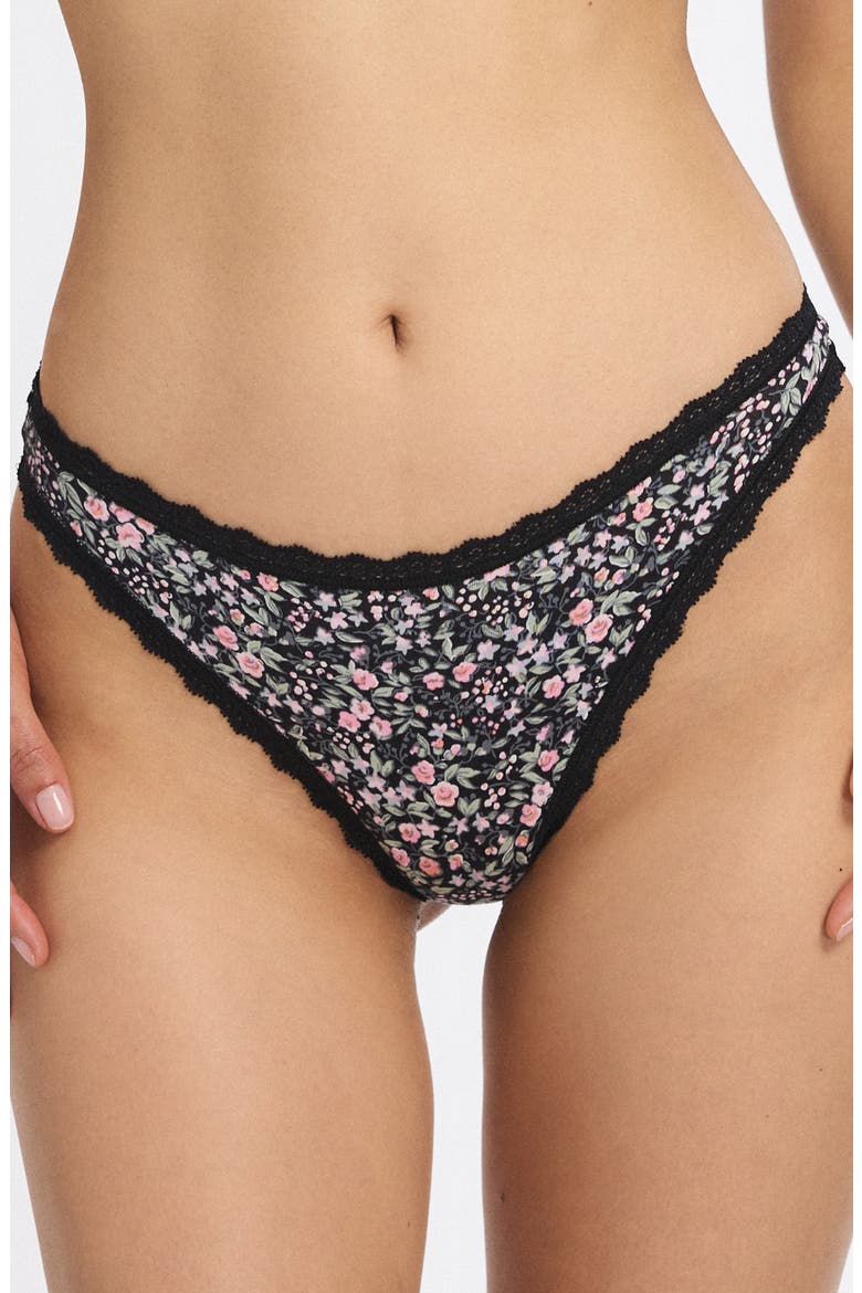 Cotton Essentials Lace Trim Thong, Main, color, BLACK CAVIAR FLORAL POP PRINT
