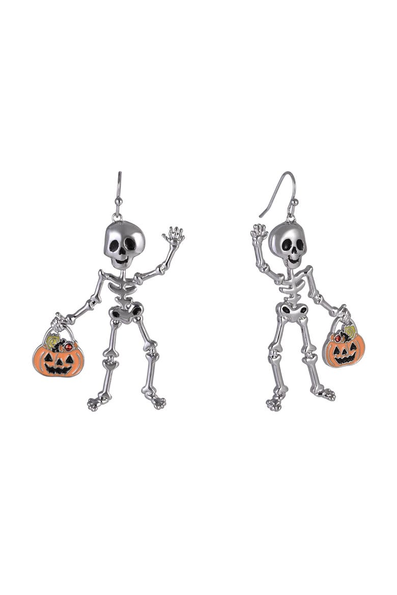 Halloween Friendly Skeleton and Candy Bucket Earrings, Main, color, Silver