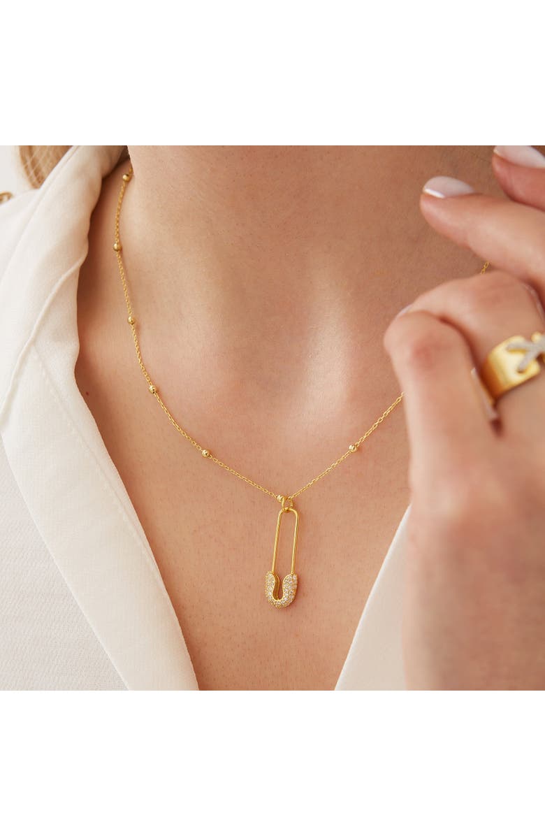 Spero London Sterling Silver Jewelled Safety Pin Necklace With Beaded Chain, Alternate, color, Silver