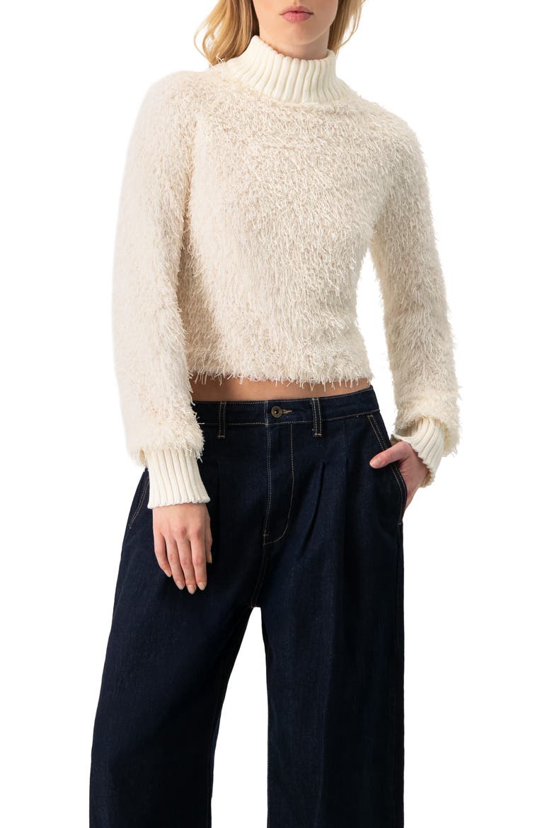 Long Sleeve Fringe Blouse with Ribbed High Neck, Main, color, Ivory
