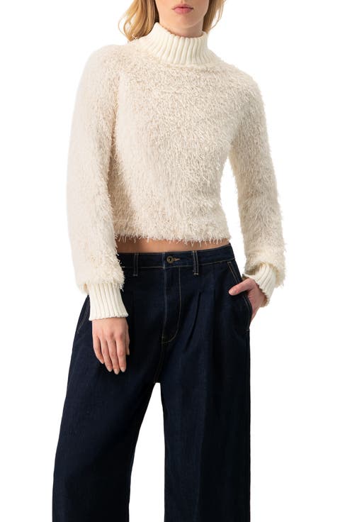 Long Sleeve Fringe Blouse with Ribbed High Neck