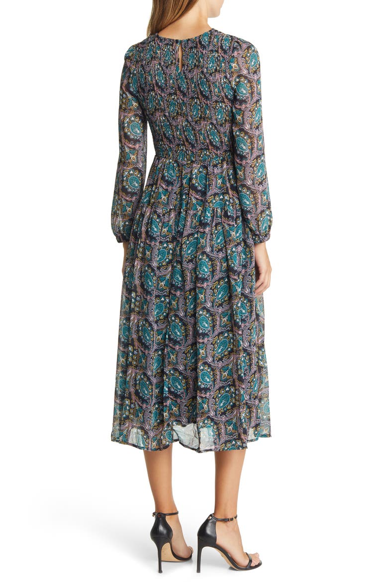 Paisley Smocked Long Sleeve Midi Dress, Alternate, color, BLACK/ TEAL PRINT