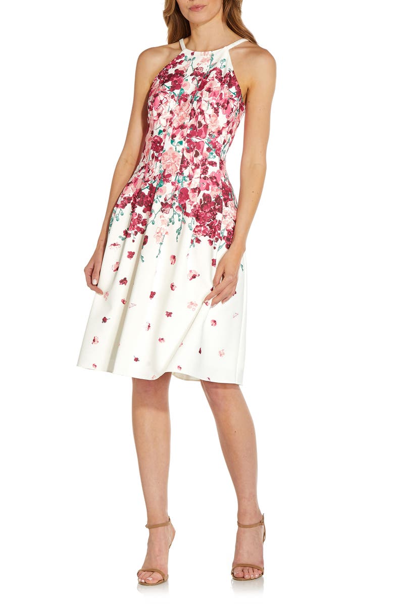 Adrianna Papell Floral Halter Neck Fit & Flare Crepe Dress, Alternate, color, 