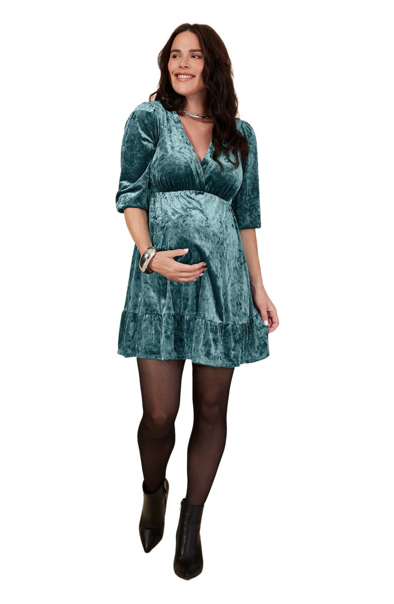 MOTHERHOOD MATERNITY V-Neck Ruffle Hem Babydoll Maternity Dress, Alternate, color, Rain Forest