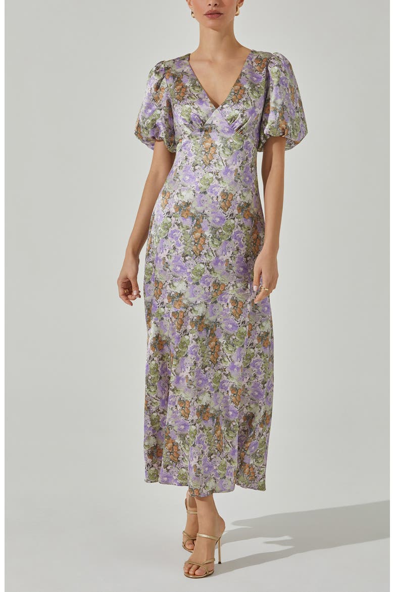 Floral Puff Sleeve Satin Maxi Dress, Alternate, color, PURPLE GRE