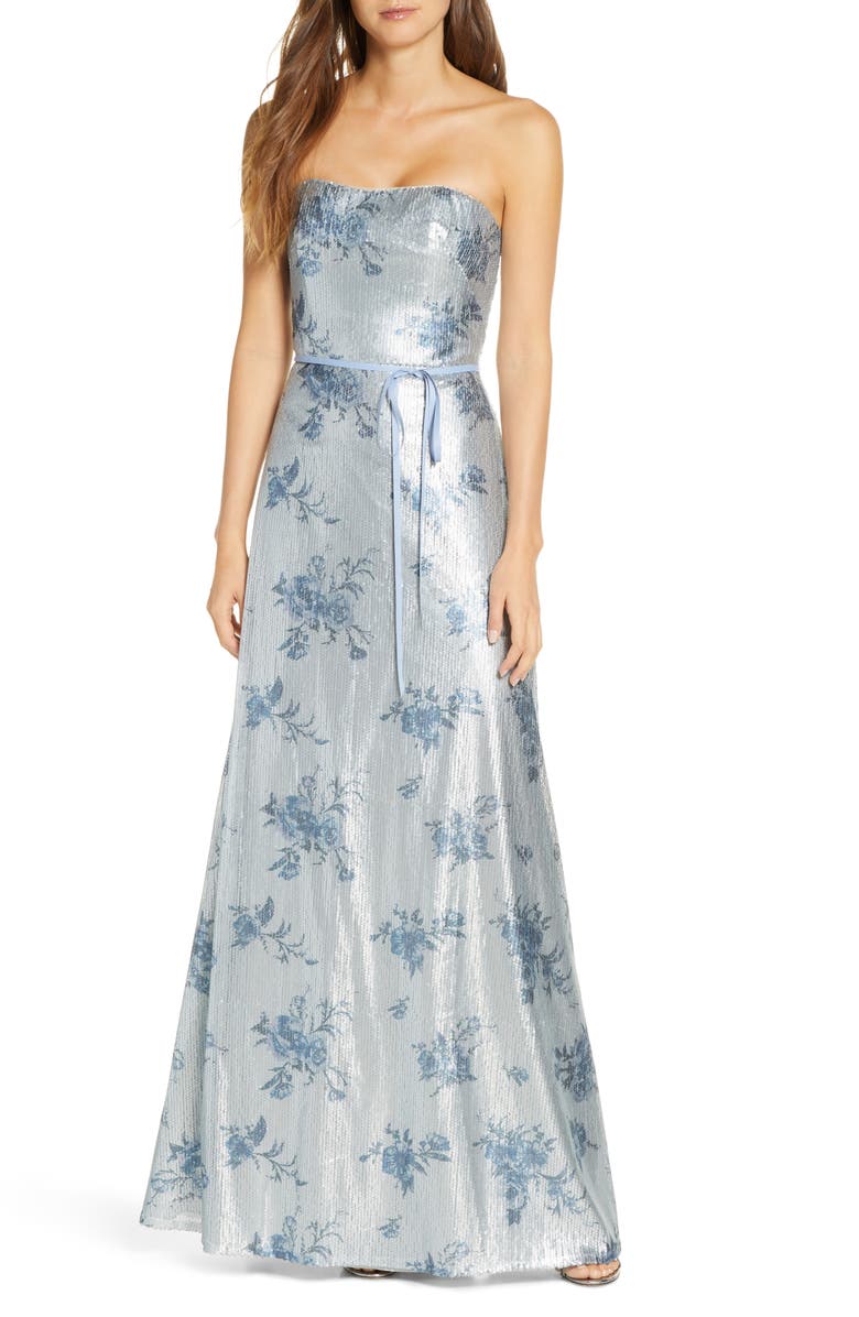 Marchesa Notte Strapless Print Sequin A-Line Gown, Main, color,