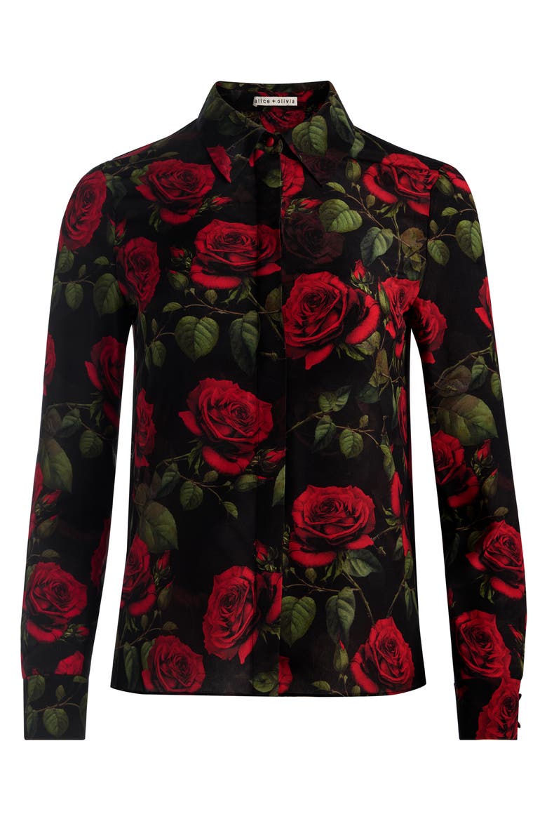Willa Floral Silk Shirt, Alternate, color, ROUGE ROMANCE BLACK SM