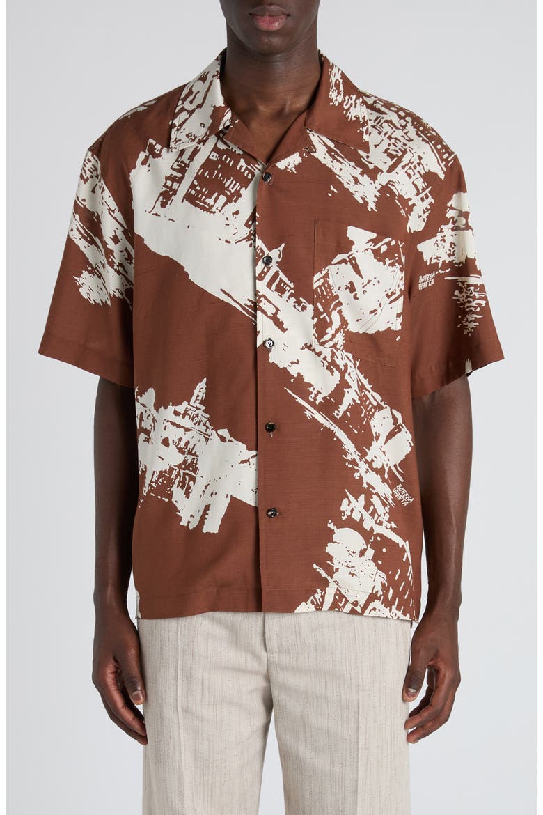 Postcard Print Silk Blend Camp Shirt, Main, color, 2154 PECAN/ DOVE