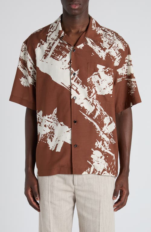 Bottega Veneta Postcard Print Silk Shantung Short Sleeve Shirt In Brown