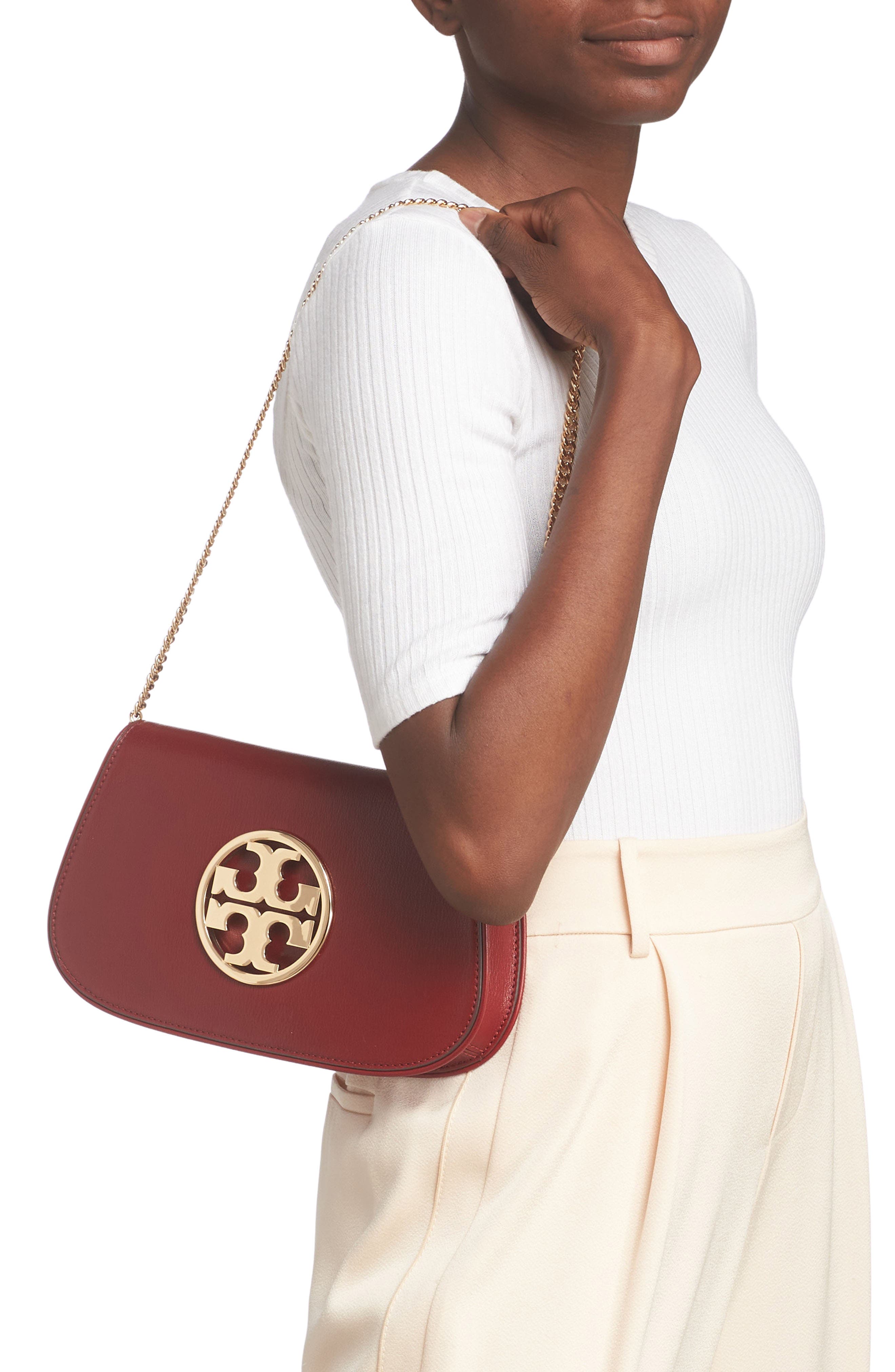 Tory Burch Reva Leather Clutch, Alternate, color, Brick