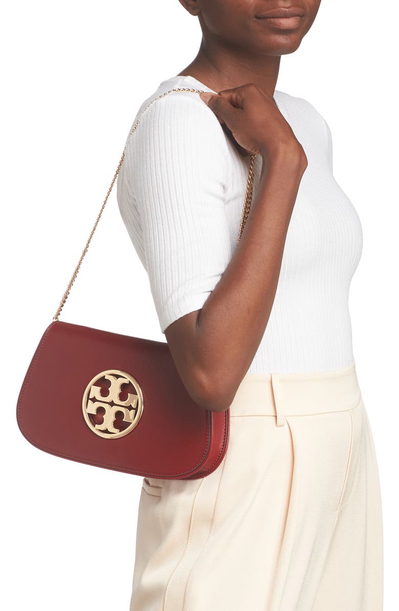 Tory Burch Reva Leather Clutch, Alternate, color, Brick