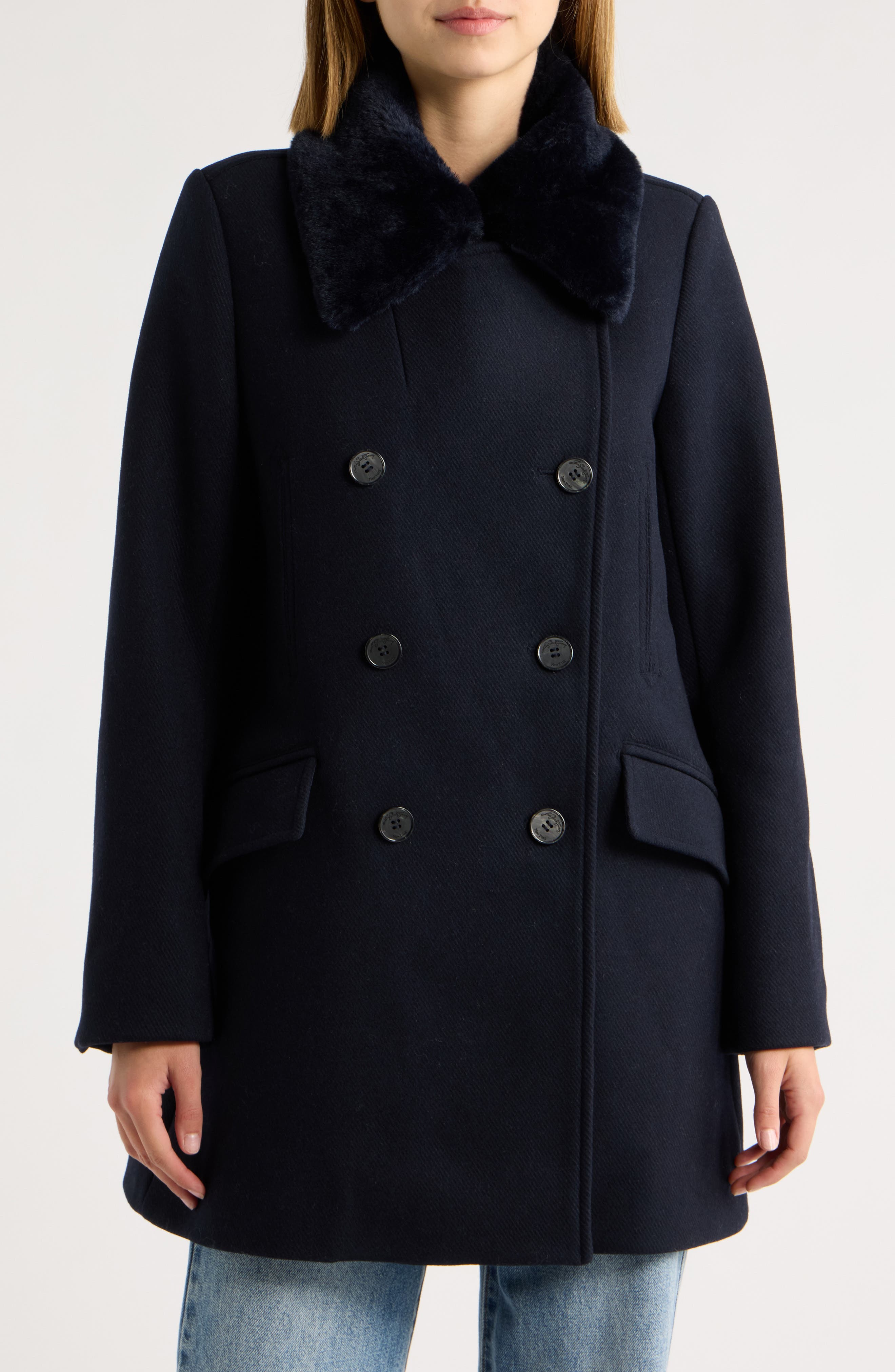 Loveshackfancy Verdine Faux Fur Collar Double Breasted Coat In Navy