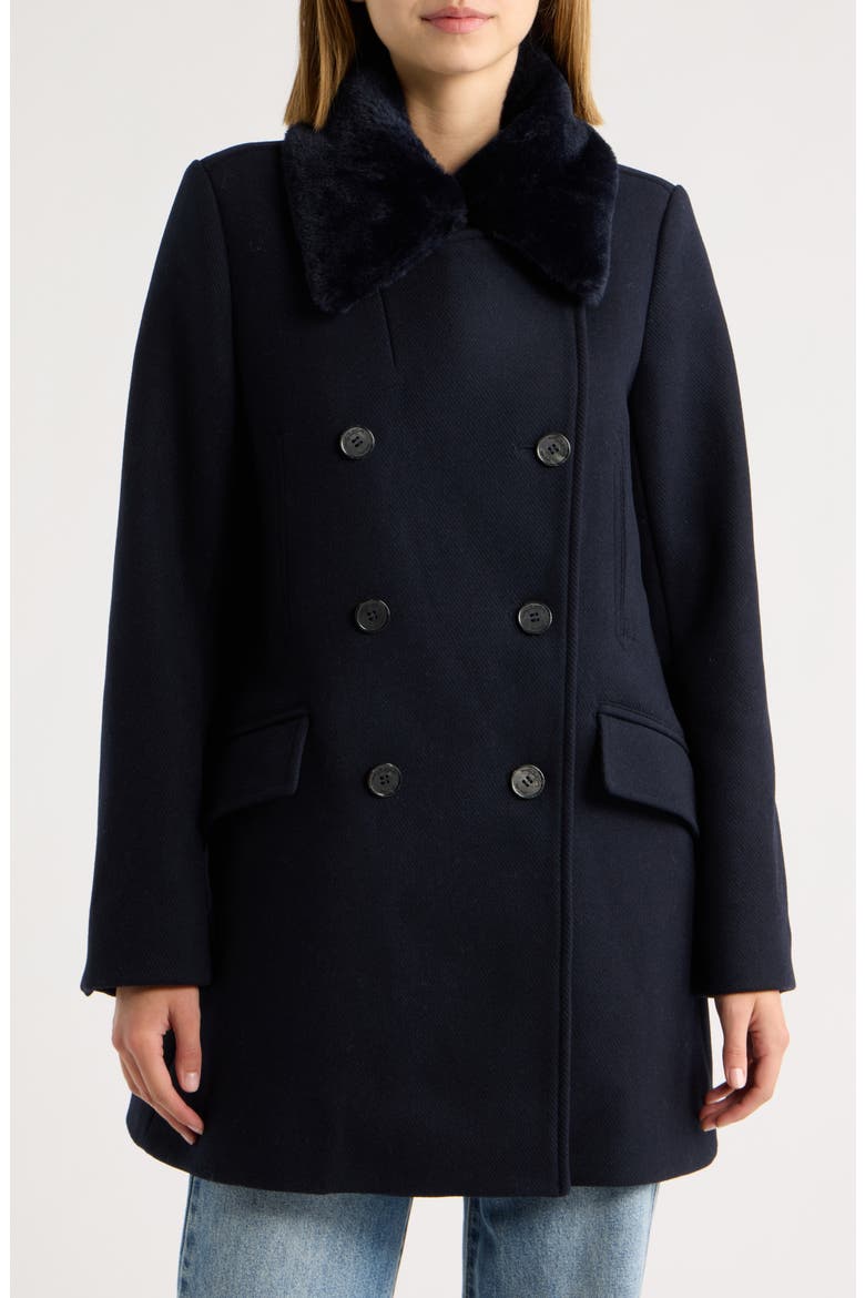Verdine Faux Fur Collar Double Breasted Coat, Main, color, NAVY