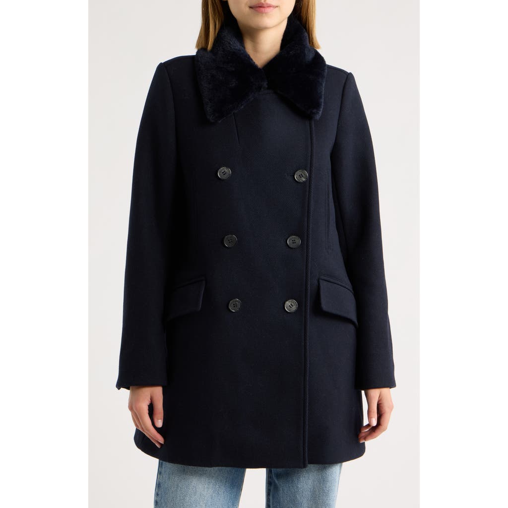 Loveshackfancy Verdine Faux Fur Collar Double Breasted Coat In Navy