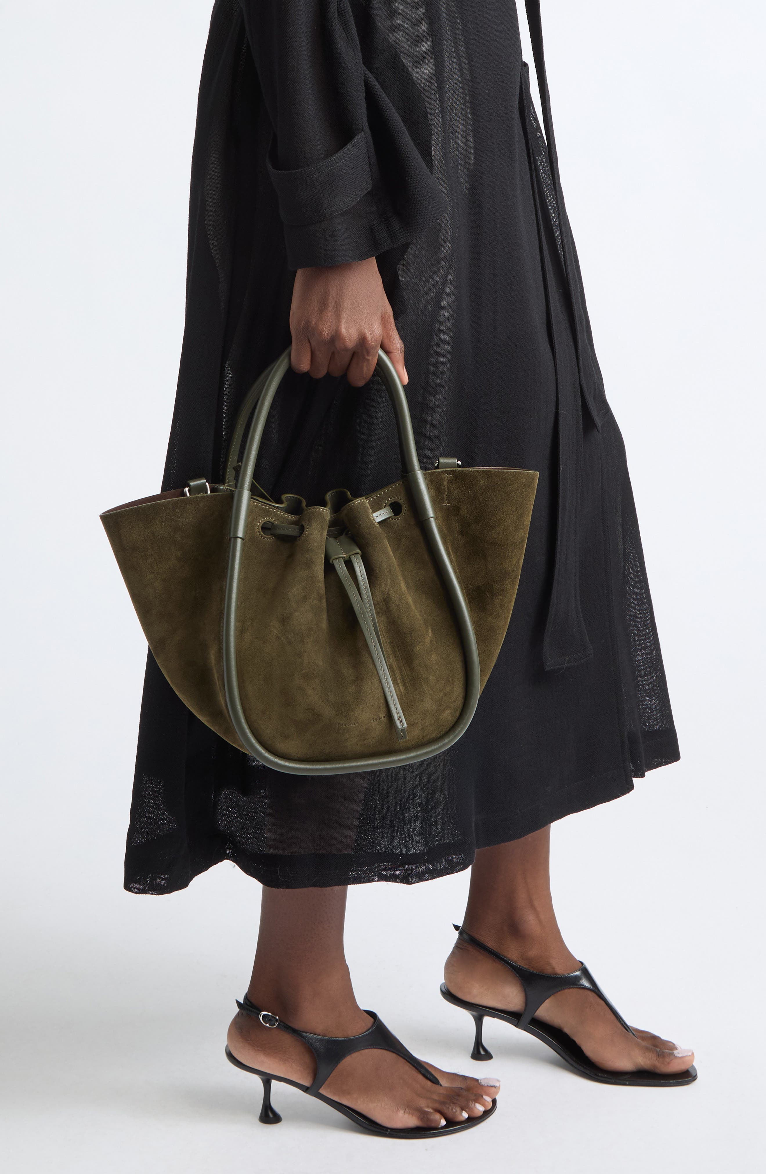 Small Ruched Leather Tote, Alternate, color, OLIVE 324