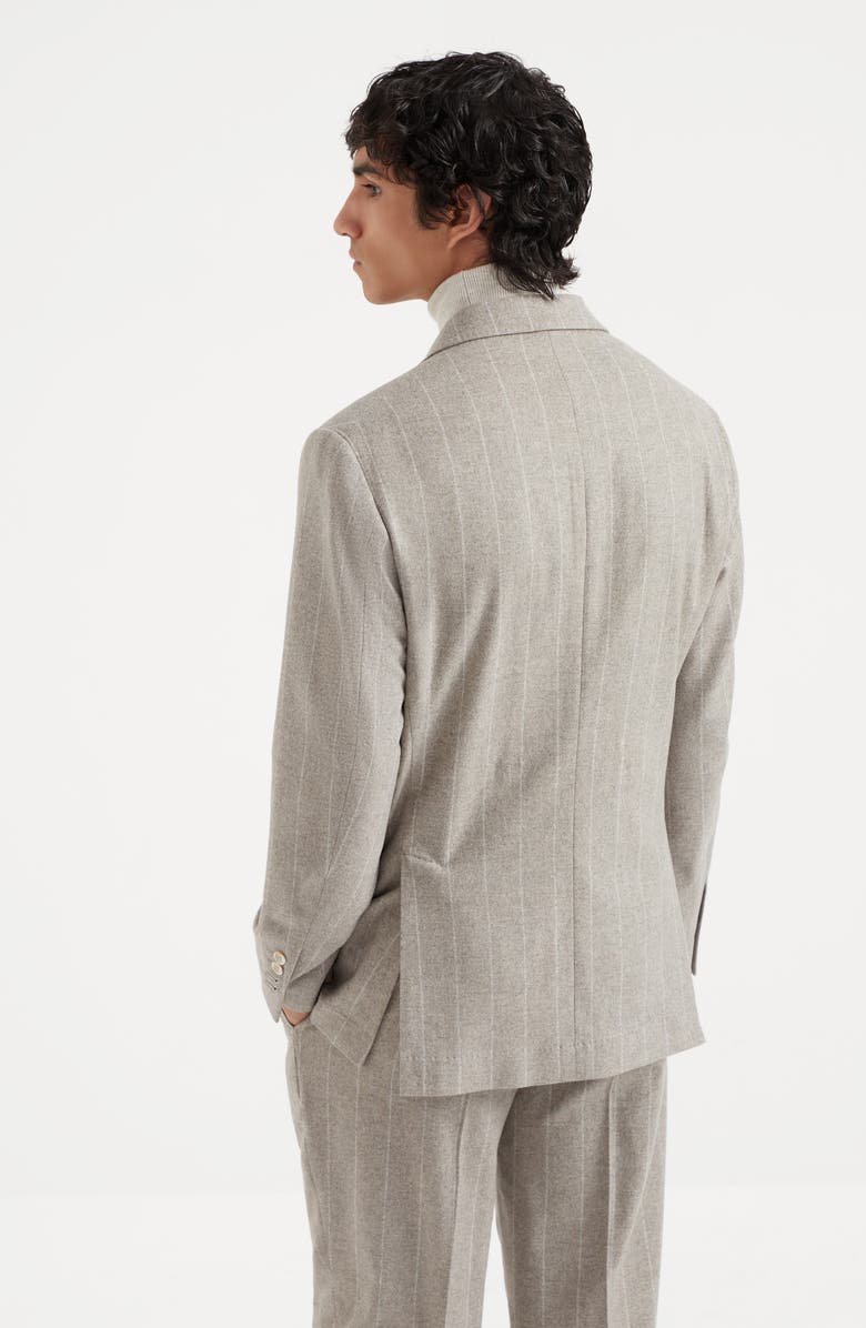 Brunello Cucinelli Wool and cashmere wide chalk stripe combed flannel one-and-a-half breasted deconstructed blazer with patch pockets, Alternate, color, 