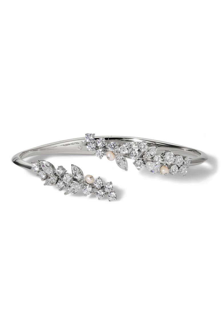 Ravish Laurel Genuine Pearl & Cubic Zirconia Cuff, Main, color, RHODIUM