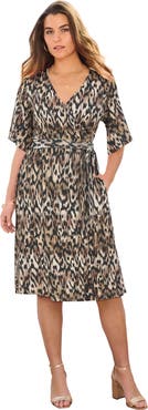 Roaman's Plus Size Short Sleeve Wrap Fit And Flare Dress