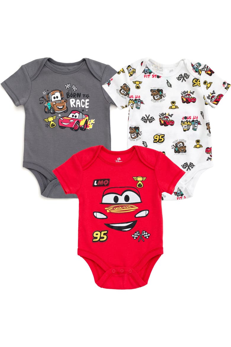 Pixar 3-Pack Short Sleeve Bodysuits, Main, color, Red Grey White