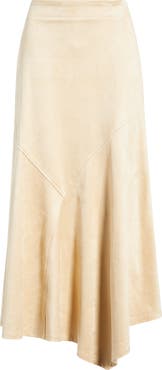CITY BLUES Asymmetrical Hem Faux Suede Midi Skirt
