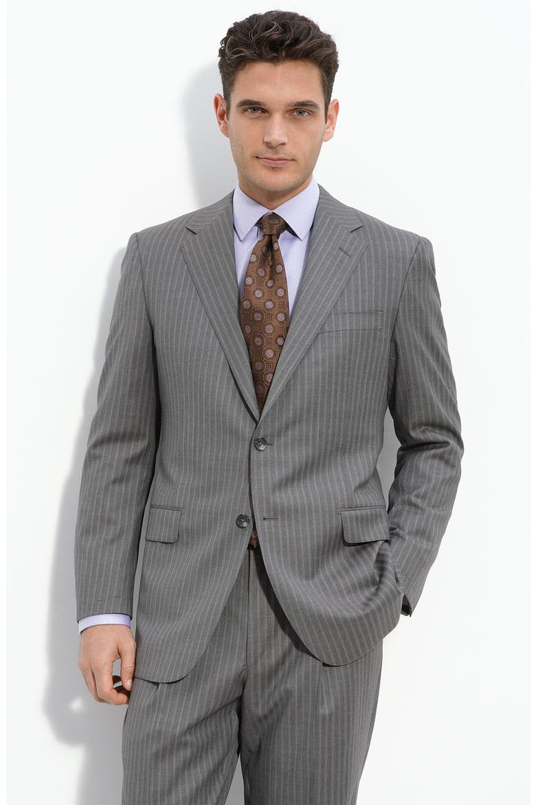 Grey Stripe Worsted Wool Suit, Main, color, GREY STRIPE