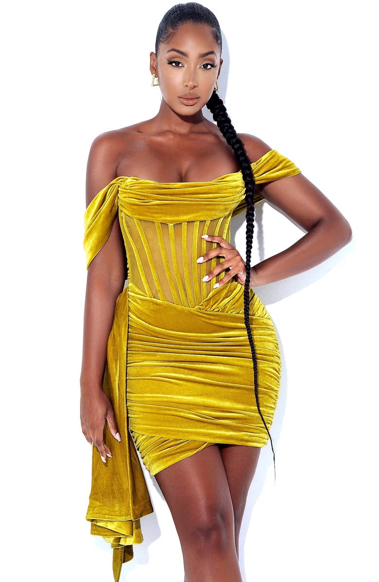 Miss Circle Irisaa Draping Off Shoulder Corset Mini Dress, Main, color, Gold