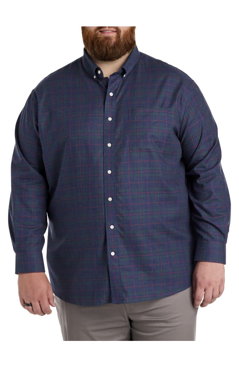 Oak Hill by DXL Big & Tall Heathered Plaid Sport Shirt, Alternate, color, Navy