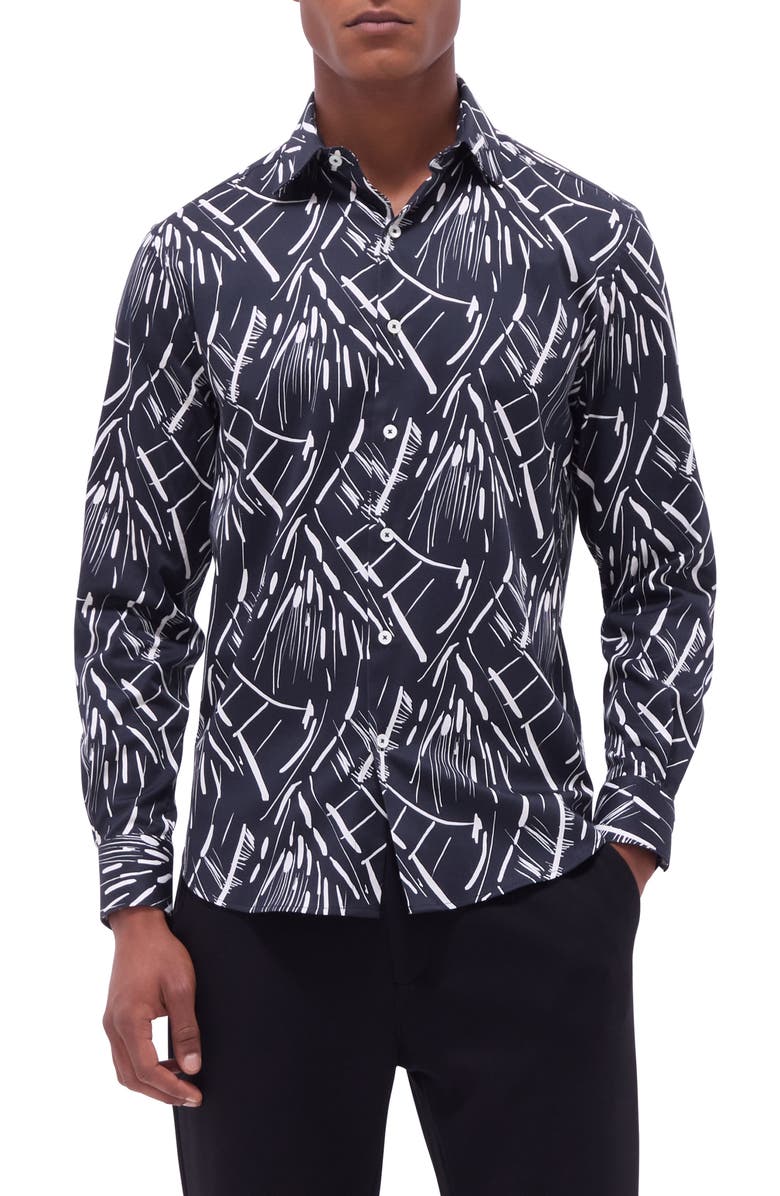 Bugatchi Axel Shaped Fit Stretch Cotton Button-Up Shirt, Main, color, Black