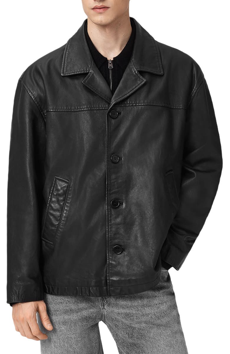 AllSaints Bradwell Boxy Leather Coat, Main, color, Black