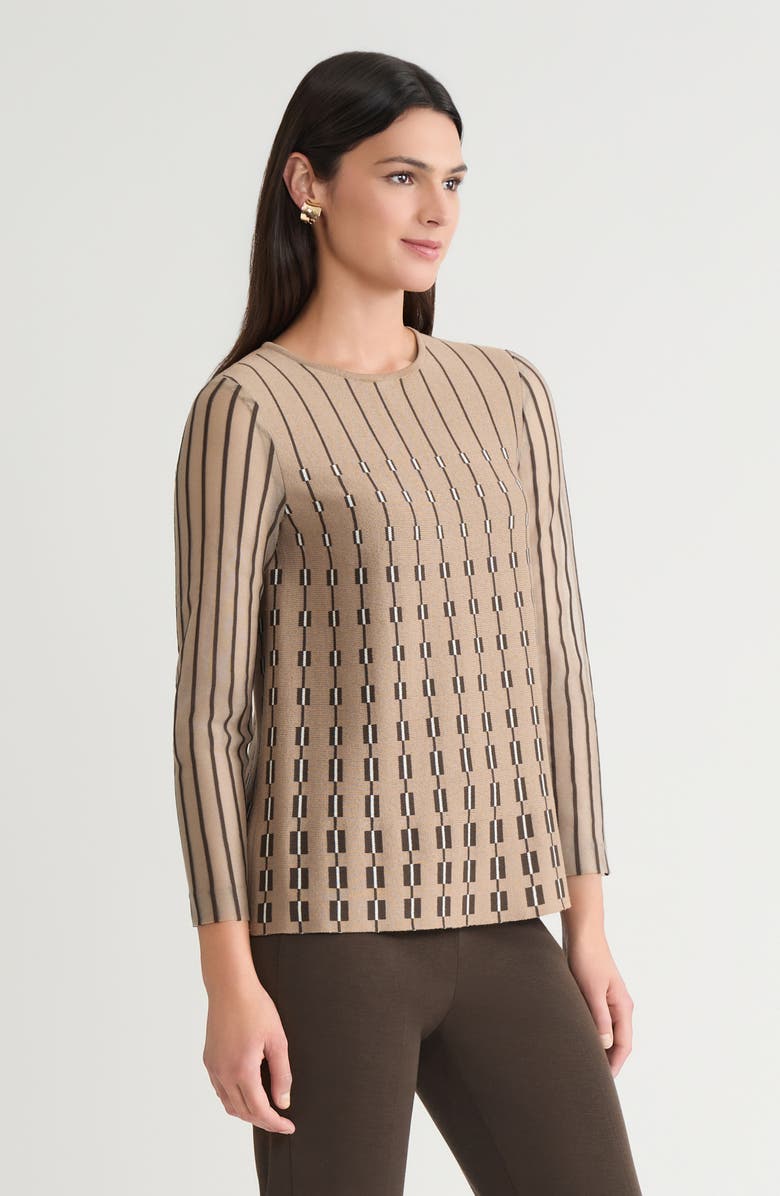 Ming Wang A-Line Linear Patterned Soft Knit Top, Alternate, color, Warm Taupe/Dark Umber/Ivory