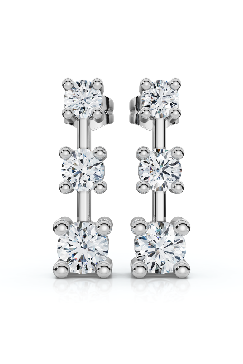 1Ct Three Stone Drop Earrings 10k Gold Lab Grown 5/8" Tall Push Back, Main, color, 10k White Gold
