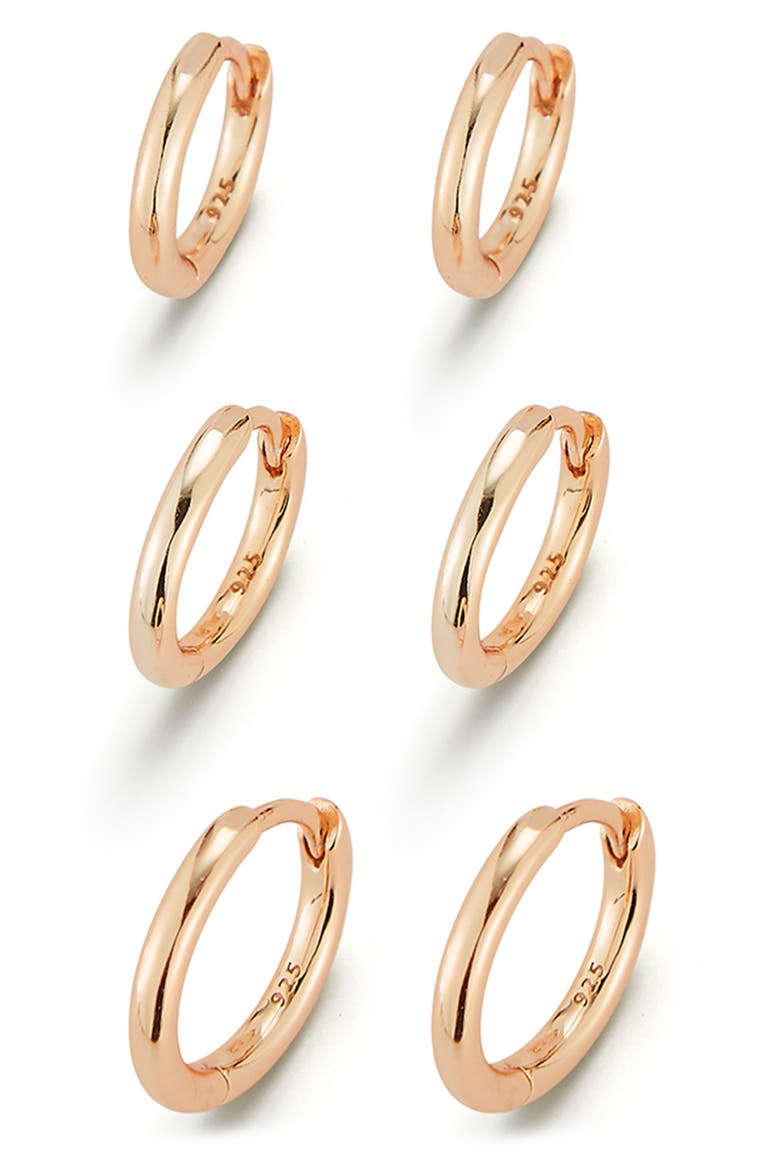 Set of 3 Huggie Hoop Earrings, Main, color, ROSE GOLD