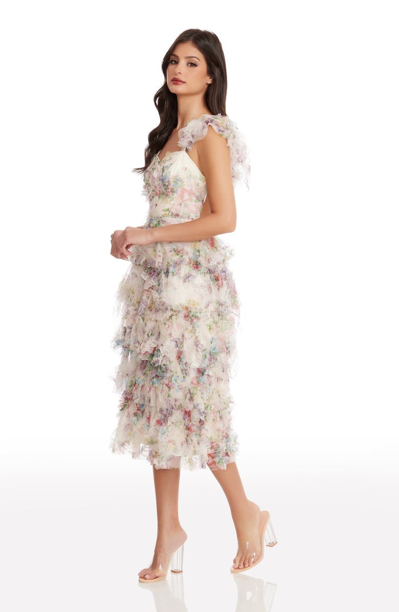 Dress the Population Kristen Flutter Sleeve Ruffle Tier Dress, Alternate, color, Ivory Multi