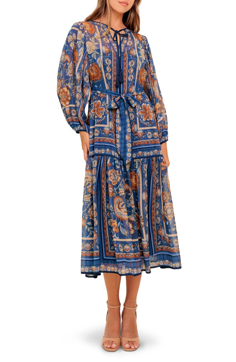 FLYING TOMATO Split Neck Long Sleeve Midi Dress, Main, color, Blue