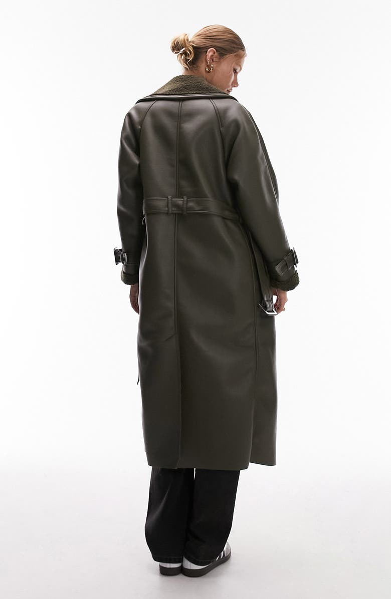 Topshop Faux Leather Trench Coat with Fleece Trim, Alternate, color, 