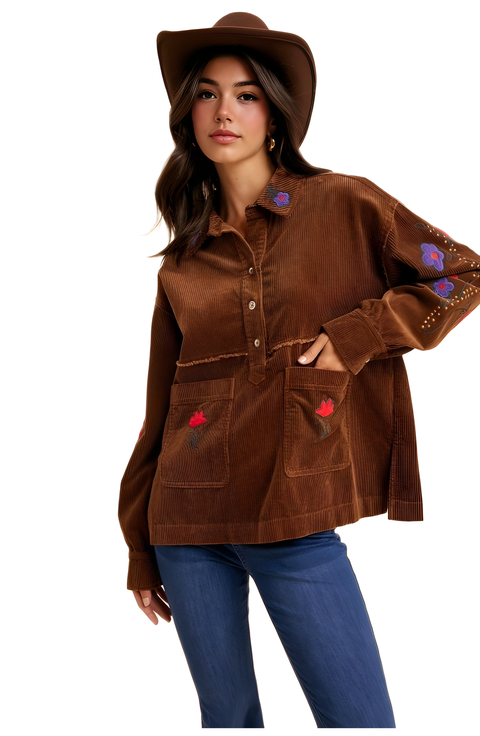 Embroidered Floral Corduroy Button-Up Jacket