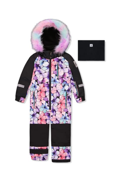 Play Floral Faux Fur Hood & Expandable Sleeve One Piece Snowsuit