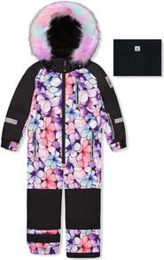 Deux par Deux Play Floral Faux Fur Hood & Expandable Sleeve One Piece Snowsuit