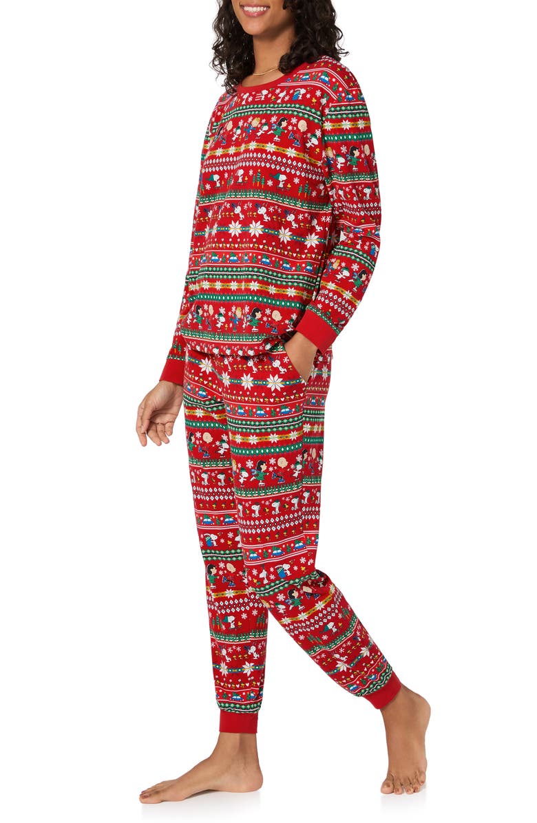 BedHead Pajamas Peanuts<sup>®</sup> Print Stretch Organic Cotton Pajamas, Alternate, color, Peanuts Winter Fair Isle