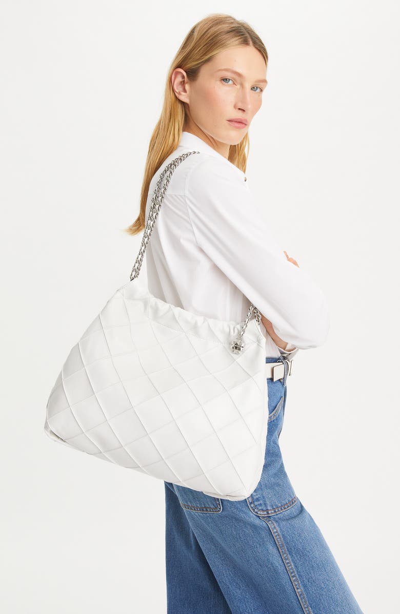 Tory Burch Fleming Distressed Quilted Leather Hobo Bag, Alternate, color, Blanc
