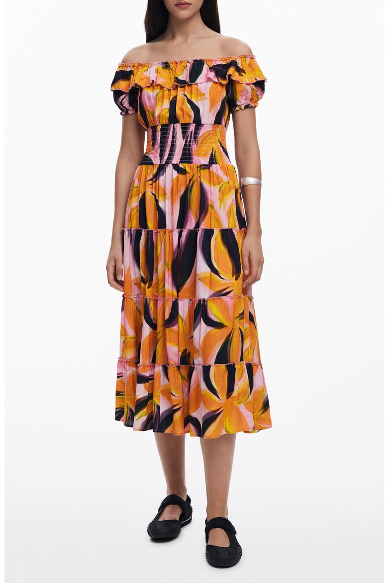 Abstract Print Off the Shoulder Tiered Midi Dress, Main, color, PINK MULTI