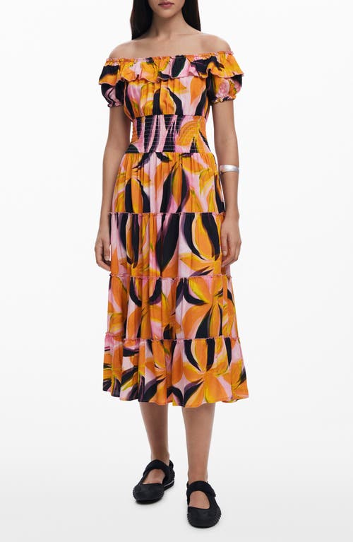 Desigual Abstract Print Off The Shoulder Tiered Midi Dress In Orange